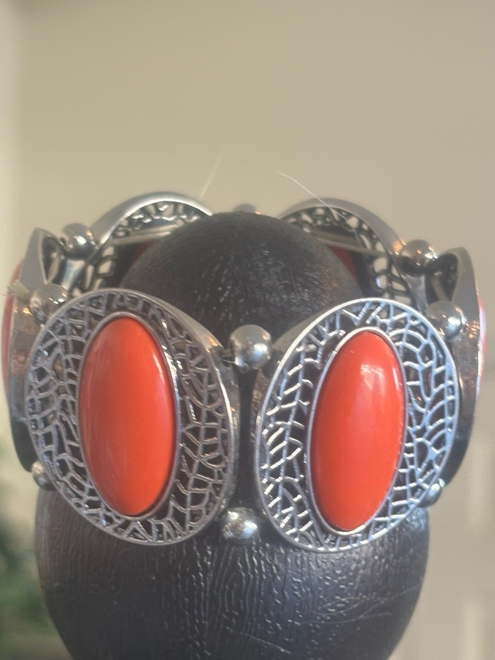 Silver Tone Bracelet with Orange Cabochon Accents